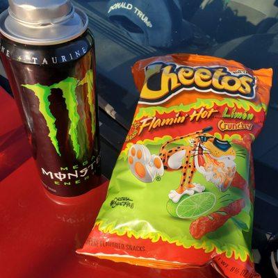 Large Monster & Big bag of Hot cheetos.  Chevron comes in clutch with the large energy drinks!