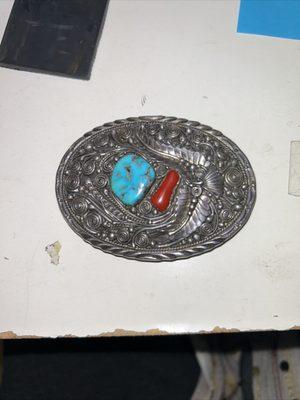 Sterling Silver Coral and Turquoise Native American Belt Buckle