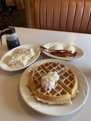 Waffles biscuits gravy bacon and eggs were all as expected  but the service was great so thanks