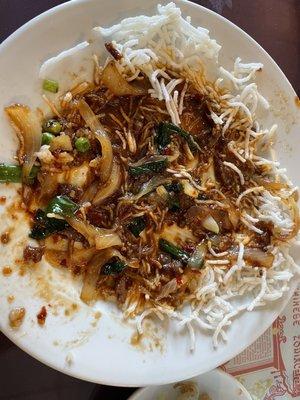 The rice noodles in the Mongolian Beef