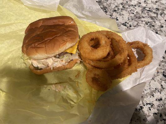 $16 Cheese burger and onion rings.