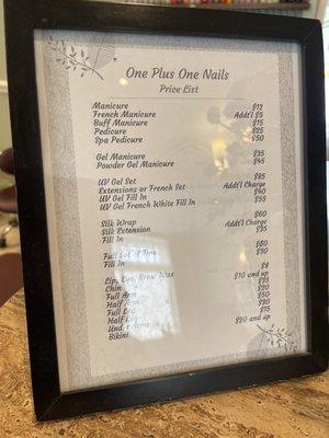 Price list. No mention of an additional $20 fee for cutting your nails.