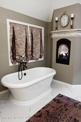 Tile floor and fireplace trim.