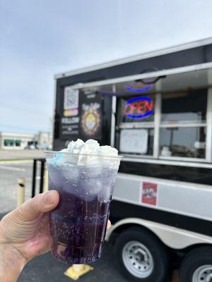 Purple passion Lotus , with Blue Raspberry & passion fruit ,and a cold foam topping