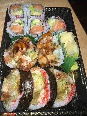 Alaska roll and soft shell crab roll that was a soggy pile of mush and falling apart