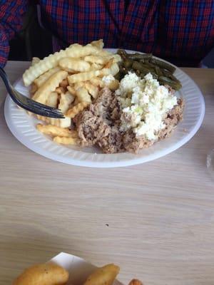 Dinner platter. In general, I am not a big fan of NC style BBQ but this was some of the best. Green beans are cooked homestyle.