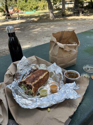 Super Burrito with steak, Chips and Salsa