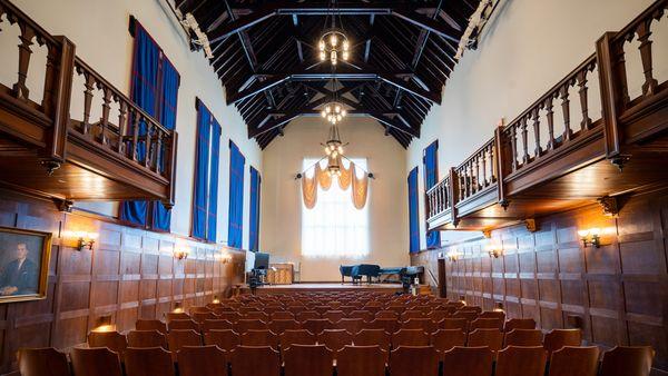 Perkinson Recital Hall, North Court Building. Modlin's venue for small ensemble concerts and music lecture recitals.