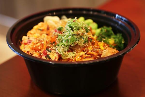 Tuna and salmon with spicy mayo + albacore and hamachi with spicy poke sauce; large bowl over steamed rice...