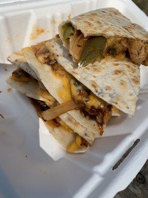 Jerk Chicken quesadillas, delicious.  It's not your regular quesadilla! It's got spice and flavor.