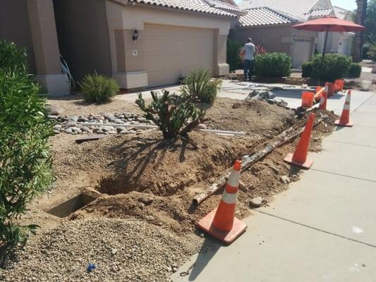 Trench for my new water main. Terry laid a new pipe with a 25 year warranty.