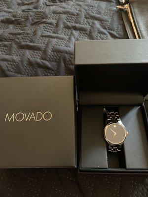 Our beautiful Movado watch, still in the box because it did fit.