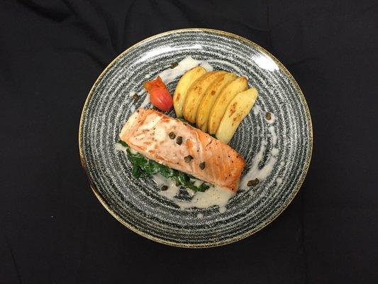 Pan Seared Salmon, with Swiss Chard, Fingerling Potato, and Lemon Caper Sauce.