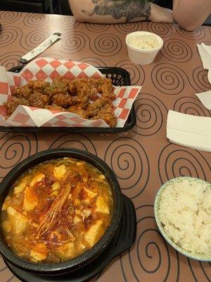 Veggie Soondubu Soup and Small Fried Boneless Chicken with sweet and spicy sauce