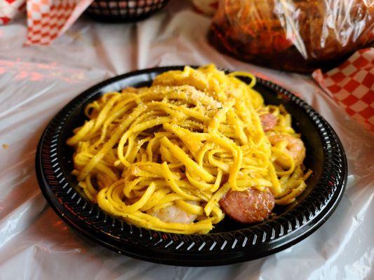 Garlic, shrimp, sausage noodles