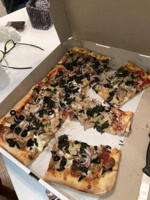 Eggplant Pizza. Added toppings for $3 each. Mushroom x2, olives, onions, and spinach.