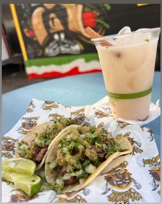 Horchata and Lengua Tacos