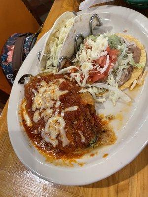 Chile relleno, steak taco & tostada