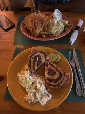 top - fish and chips; bottom - reuben