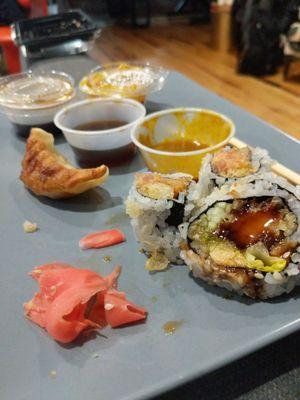 Gyoza, spicy crunchy tuna, shrimp tempura. It's wonderful to have great food at home.