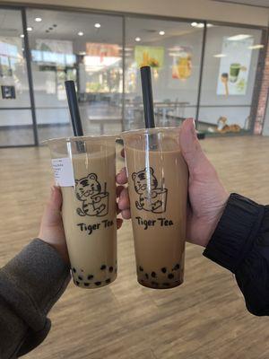 Roasted oolong boba milk tea and brown sugar tiger boba milk tea