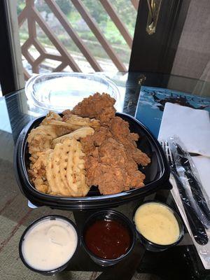 6 piece regular chicken tenders with waffles fries. BBQ and ranch and then I added a honey mustard for $1