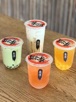 matcha milk tea, brown sugar tiger milk tea, tropical twister, peach rose