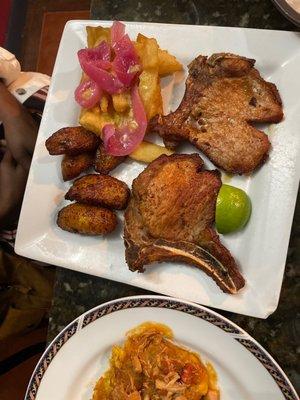 Fried pork chops with fried yucca and plantain!!!!! Absolutely perfect!!!