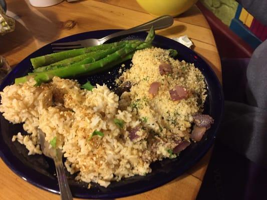 Sicilian Style Baked Cod with Olives and Red onion. Served with Brown Basmati a rice and seasonal veggies. .