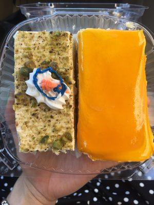 Pistachio (left) and mango (right) eggless cake slices