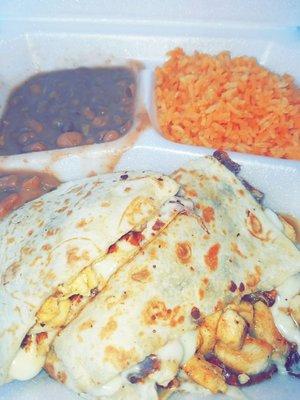 Chicken Quesadilla with rice and beans $6.00