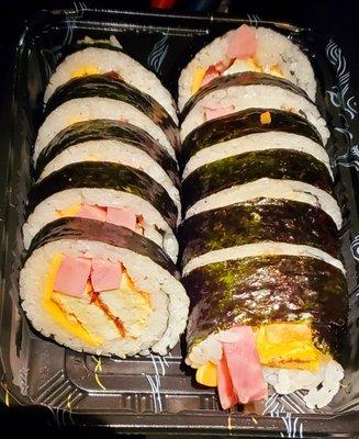 Ham egg and cheese kimbap. As usual all ingredients are really fresh and tasty. Really good kimbap here.