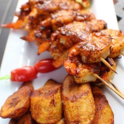 Jerk Shrimp with fried plantains.