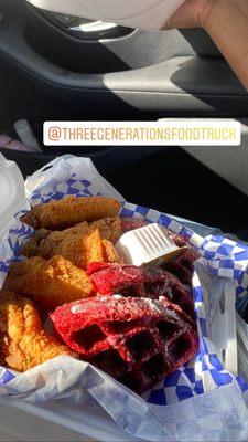 Chicken & red velvet waffles !