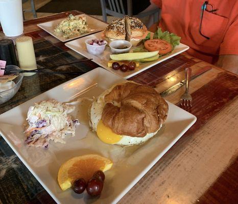 Cole slaw, eggs on crossiant, bagel w/lox pasta salad.