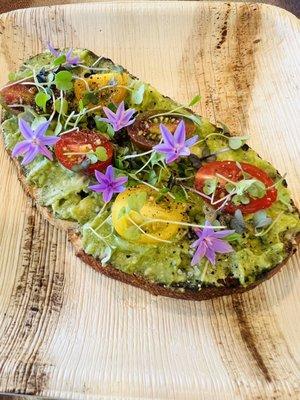 Hipster Toast, Mac-nut pesto, Avocado, Cherry Tomatoes,micro greens