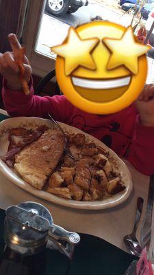 Kids pancake meal with bacon (a pancake big enough for an adult and 4 pieces of bacon!)