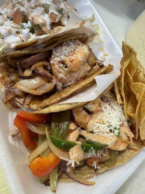 our sea food tacos Governador taco , Shrimp Enchilado & battered fish taco