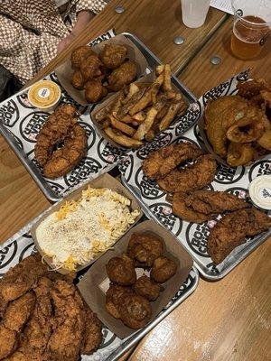 Fried mushrooms Chicken tenders Mac and cheese Fries