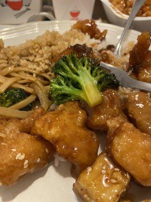 Orange chicken, fried rice and vegetable lo mein