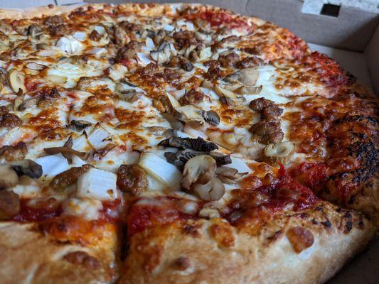 Sausage, onion, mushroom pizza