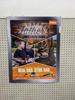 Vintage STIHL Father's Day poster showing older tools like a string trimmer (weed whacker), chainsaw, and blower.