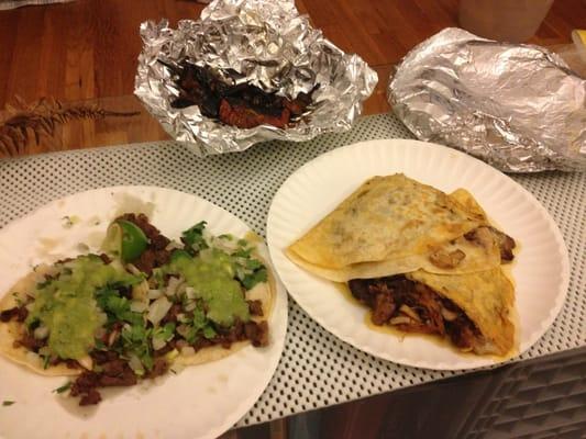 Carnegie asada tacos & chorizo, carne asada, & chicken quesadilla with roasted peppers.