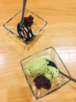 Mochi green tea ice cream and green tea ice cream with red bean!