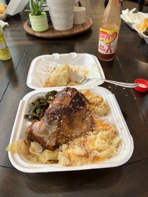 Soul Food Sunday BBQ chicken, "literally the best squash casserole I've ever had" Mac and cheese, cabbage, collards and cornbread!