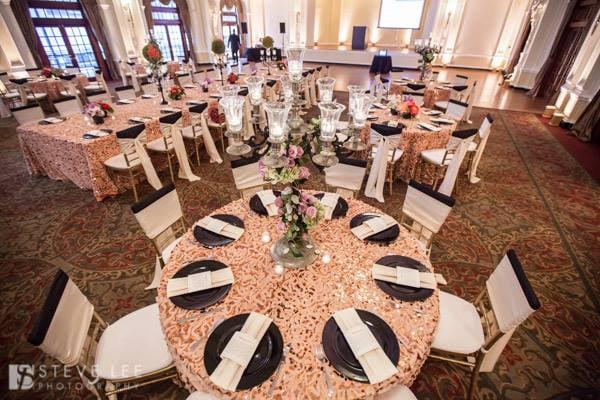 Crystal Ballroom - Amber sequin overlay with black acrylic chargers