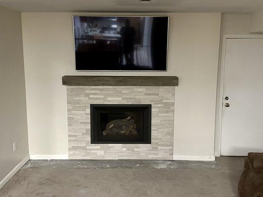 Finished gas fireplace in the family room.