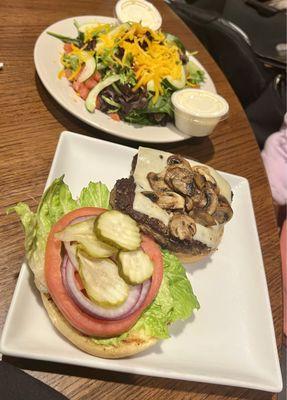 Swiss and Mushrooms Burger with a Side Salad