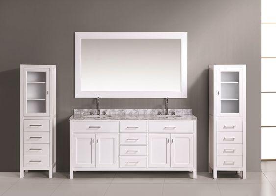 London 72" Double Marble Sink Vanity with Linen Cabinets in White Finish.