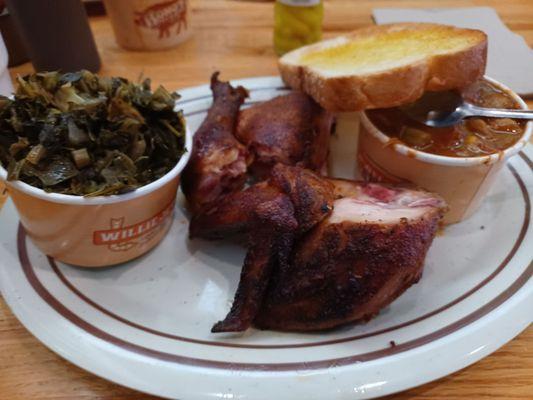 Large chicken platter with Brunswick stew and collard greens.